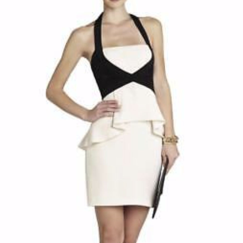 BCBG Max Azria Cream and Black Kirsi Halter  Peplum Halter Mini Dress in Size 4